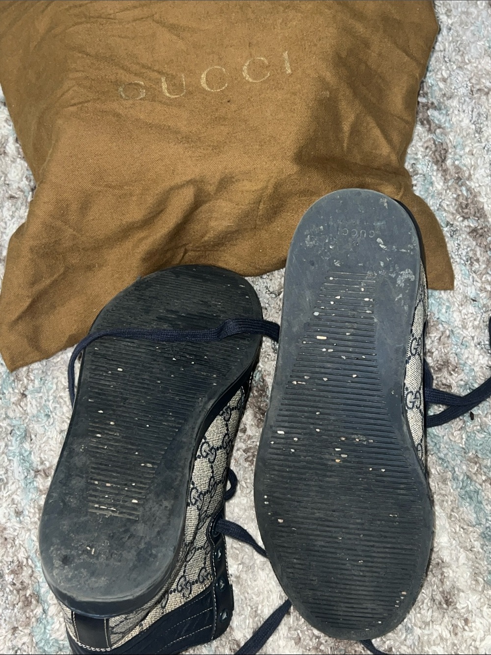 Gucci Navy Leather & Beige GG High-Top Sneakers - Picture 2 of 4